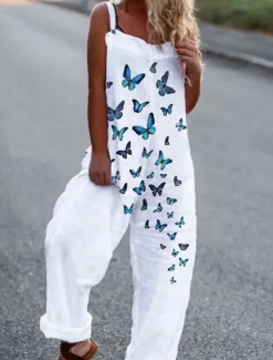 Women's Jumpsuit Dungarees Sleeveless Butterfly Print Top White Pants Casual Comfortable Adjustable Strap Straight-Leg Summer Fashion Clothing Apparel
