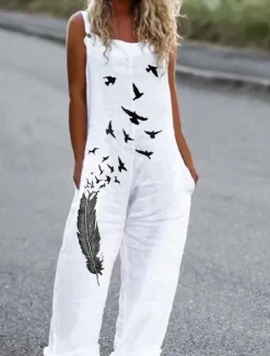 Women's Jumpsuit Dungarees Sleeveless Butterfly Print Top White Pants Casual Comfortable Adjustable Strap Straight-Leg Summer Fashion Clothing Apparel