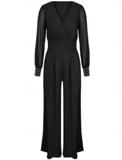 Women's Jumpsuit Elegant Solid Color Long Sleeve Lantern Sleeve Wide Leg V Neck Rivet Patchwork School Vacation Regular Fit Black All Seasons