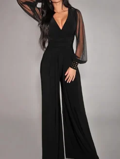 Women's Jumpsuit Elegant Solid Color Long Sleeve Lantern Sleeve Wide Leg V Neck Rivet Patchwork School Vacation Regular Fit Black All Seasons