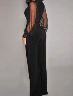Women's Jumpsuit Elegant Solid Color Long Sleeve Lantern Sleeve Wide Leg V Neck Rivet Patchwork School Vacation Regular Fit Black All Seasons