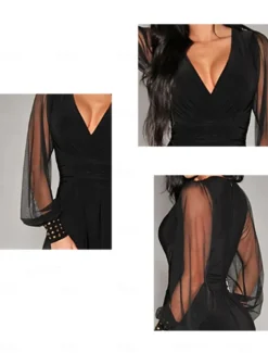 Women's Jumpsuit Elegant Solid Color Long Sleeve Lantern Sleeve Wide Leg V Neck Rivet Patchwork School Vacation Regular Fit Black All Seasons