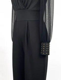 Women's Jumpsuit Elegant Solid Color Long Sleeve Lantern Sleeve Wide Leg V Neck Rivet Patchwork School Vacation Regular Fit Black All Seasons