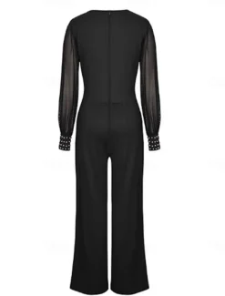 Women's Jumpsuit Elegant Solid Color Long Sleeve Lantern Sleeve Wide Leg V Neck Rivet Patchwork School Vacation Regular Fit Black All Seasons