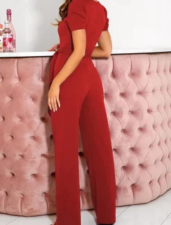 Women's Jumpsuit Lace up Beaded Solid Color V Neck Elegant Office Regular Fit Short Sleeve Black Army Green Red S M L Fall