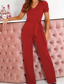 Women's Jumpsuit Lace up Beaded Solid Color V Neck Elegant Office Regular Fit Short Sleeve Black Army Green Red S M L Fall