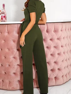 Women's Jumpsuit Lace up Beaded Solid Color V Neck Elegant Office Regular Fit Short Sleeve Black Army Green Red S M L Fall