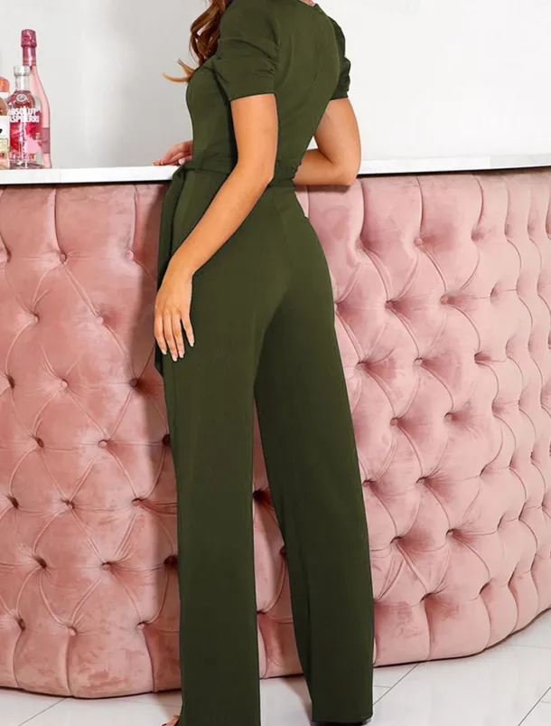 Women's Jumpsuit Lace up Beaded Solid Color V Neck Elegant Office Regular Fit Short Sleeve Black Army Green Red S M L Fall