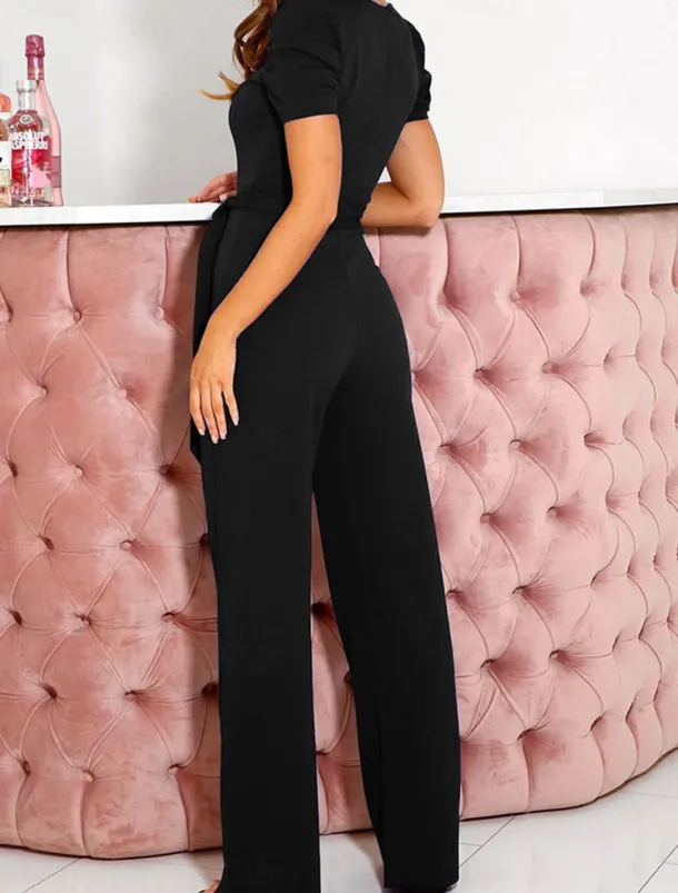 Women's Jumpsuit Lace up Beaded Solid Color V Neck Elegant Office Regular Fit Short Sleeve Black Army Green Red S M L Fall