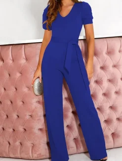 Women's Jumpsuit Lace up Beaded Solid Color V Neck Elegant Office Regular Fit Short Sleeve Black Army Green Red S M L Fall