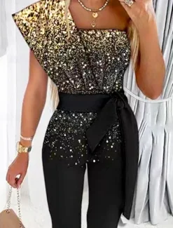 Women's Jumpsuit Print Gradient One Shoulder Streetwear Wedding Party Disco Regular Fit Short Sleeve Gold S M L Summer