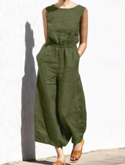 Women's Jumpsuit Solid Color Crew Neck Holiday Work Daily Regular Fit Sleeveless Sleeveless Orange red Amy Green Black S M L Fall Summer