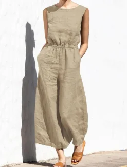 Women's Jumpsuit Solid Color Crew Neck Holiday Work Daily Regular Fit Sleeveless Sleeveless Orange red Amy Green Black S M L Fall Summer