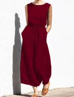 Women's Jumpsuit Solid Color Crew Neck Holiday Work Daily Regular Fit Sleeveless Sleeveless Orange red Amy Green Black S M L Fall Summer