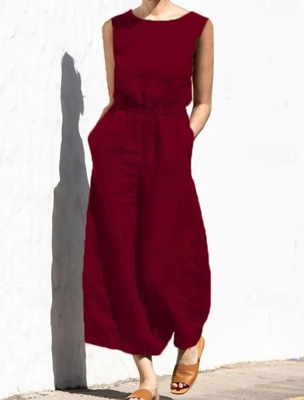 Women's Jumpsuit Solid Color Crew Neck Holiday Work Daily Regular Fit Sleeveless Sleeveless Orange red Amy Green Black S M L Fall Summer