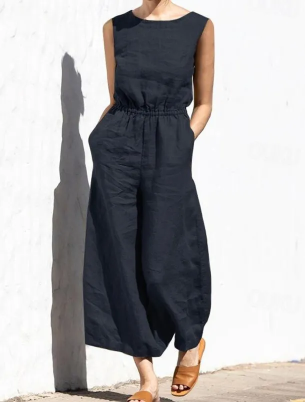 Women's Jumpsuit Solid Color Crew Neck Holiday Work Daily Regular Fit Sleeveless Sleeveless Orange red Amy Green Black S M L Fall Summer