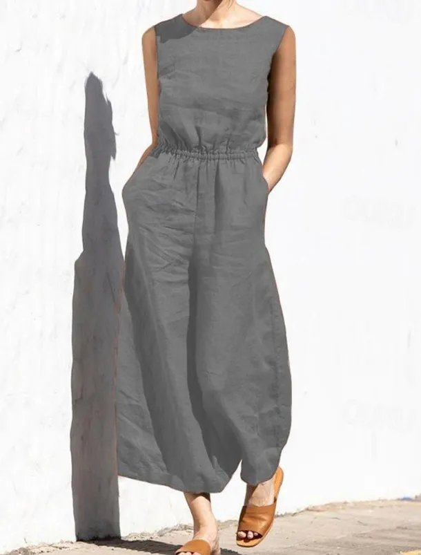 Women's Jumpsuit Solid Color Crew Neck Holiday Work Daily Regular Fit Sleeveless Sleeveless Orange red Amy Green Black S M L Fall Summer