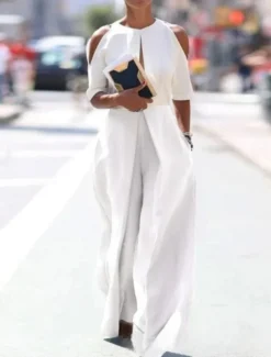 Women's Jumpsuit Solid Color Crew Neck Holiday Party Office Casual Regular Fit Short Sleeve White Blue Grey S M L Summer Fall Back to school