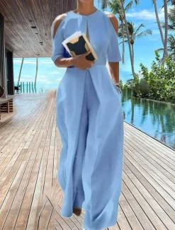 Women's Jumpsuit Solid Color Crew Neck Holiday Party Office Casual Regular Fit Short Sleeve White Blue Grey S M L Summer Fall Back to school