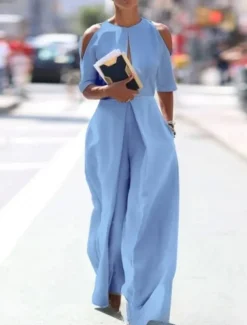 Women's Jumpsuit Solid Color Crew Neck Holiday Party Office Casual Regular Fit Short Sleeve White Blue Grey S M L Summer Fall Back to school