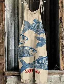 Women's Jumpsuit Vacation Vintage Ethnic Style Full Length Mid Waist Animal Fish Breathability Lightweight Soft Inelastic Causal Casual Daily White Blue Khaki Beige Summer Spring