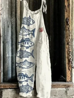 Women's Jumpsuit Vacation Vintage Ethnic Style Full Length Mid Waist Animal Fish Breathability Lightweight Soft Inelastic Causal Casual Daily Black White Navy Blue Orange Summer Spring