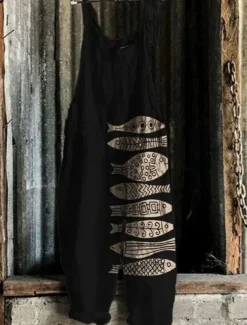 Women's Jumpsuit Vacation Vintage Ethnic Style Full Length Mid Waist Animal Fish Breathability Lightweight Soft Inelastic Causal Casual Daily Black White Navy Blue Orange Summer Spring