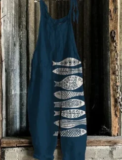 Women's Jumpsuit Vacation Vintage Ethnic Style Full Length Mid Waist Animal Fish Breathability Lightweight Soft Inelastic Causal Casual Daily Black White Navy Blue Orange Summer Spring