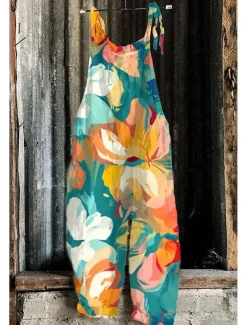 Women's Jumpsuit Vacation Vintage Ethnic Style Full Length Mid Waist Floral Graphic Animal Breathability Lightweight Soft Inelastic Formal Vacation Street Blue Red Green Summer Spring