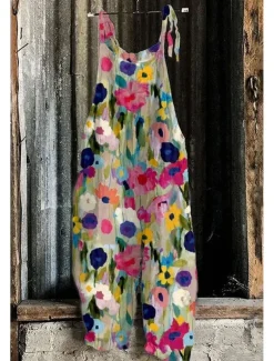 Women's Jumpsuit Vacation Vintage Ethnic Style Full Length Mid Waist Floral Graphic Animal Breathability Lightweight Soft Inelastic Formal Vacation Street Blue Red Green Summer Spring