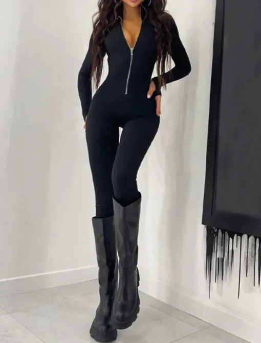 Women's Jumpsuit Workout Bodysuit Zipper High Waist Solid Color Turtleneck Zipper Front Street Sport Bodycon Long Sleeve Skinny Pants Yoga Workout Jogging Sets Bike Gym Cold Weather