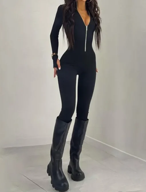 Women's Jumpsuit Workout Bodysuit Zipper High Waist Solid Color Turtleneck Zipper Front Street Sport Bodycon Long Sleeve Skinny Pants Yoga Workout Jogging Sets Bike Gym Cold Weather