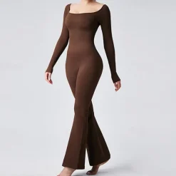 Women's Jumpsuit Workout Jumpsuit Onesie Flare Leg Solid Color Bodysuit Romper Black Coffee Yoga Fitness Gym Workout Breathable Soft Long Sleeve Sport Activewear Stretchy Slim
