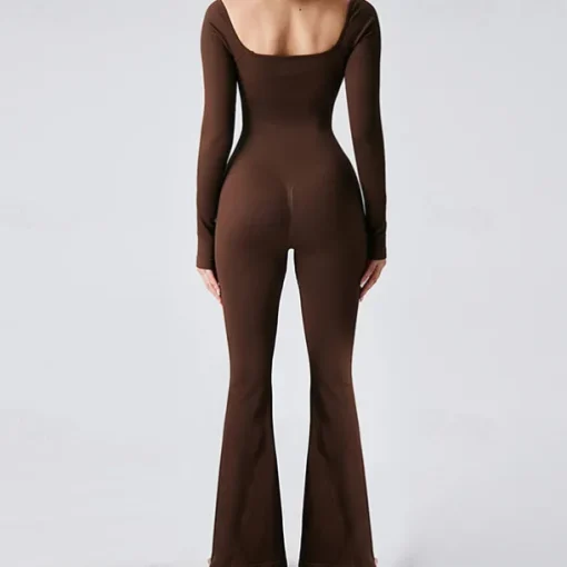 Women's Jumpsuit Workout Jumpsuit Onesie Flare Leg Solid Color Bodysuit Romper Black Coffee Yoga Fitness Gym Workout Breathable Soft Long Sleeve Sport Activewear Stretchy Slim