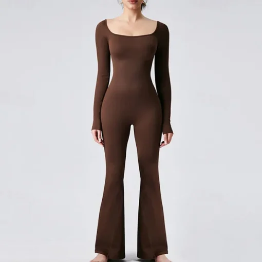 Women's Jumpsuit Workout Jumpsuit Onesie Flare Leg Solid Color Bodysuit Romper Black Coffee Yoga Fitness Gym Workout Breathable Soft Long Sleeve Sport Activewear Stretchy Slim