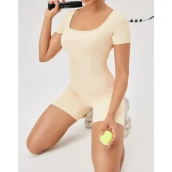 Women's Jumpsuit Workout Jumpsuit Onesie Solid Color Bodysuit Romper rice white Black Yoga Fitness Gym Workout High Waist Breathable Soft Short Sleeve Sport Activewear Micro-elastic Slim