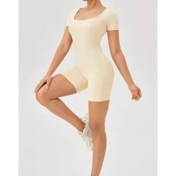 Women's Jumpsuit Workout Jumpsuit Onesie Solid Color Bodysuit Romper rice white Black Yoga Fitness Gym Workout High Waist Breathable Soft Short Sleeve Sport Activewear Micro-elastic Slim