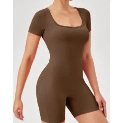 Women's Jumpsuit Workout Jumpsuit Onesie Solid Color Bodysuit Romper rice white Black Yoga Fitness Gym Workout High Waist Breathable Soft Short Sleeve Sport Activewear Micro-elastic Slim