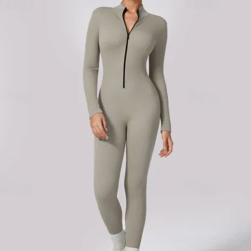 Women's Jumpsuit Workout Jumpsuit Onesie Zipper Solid Color Bodysuit Romper Silver Black Yoga Fitness Gym Workout Breathable Soft Long Sleeve Sport Activewear Micro-elastic Slim