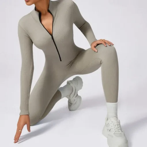 Women's Jumpsuit Workout Jumpsuit Onesie Zipper Solid Color Bodysuit Romper Silver Black Yoga Fitness Gym Workout Breathable Soft Long Sleeve Sport Activewear Micro-elastic Slim