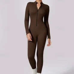 Women's Jumpsuit Workout Jumpsuit Onesie Zipper Solid Color Bodysuit Romper Silver Black Yoga Fitness Gym Workout Breathable Soft Long Sleeve Sport Activewear Micro-elastic Slim