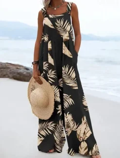 Women's Jumpsuits Bib Casual Summer Pocket Print Color Block Square Neck Street Daily Regular Fit Sleeveless Purple Orange Navy Blue S M L Spring
