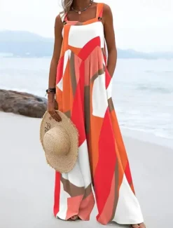 Women's Jumpsuits Bib Casual Summer Pocket Print Color Block Square Neck Street Daily Regular Fit Sleeveless Purple Orange Navy Blue S M L Spring