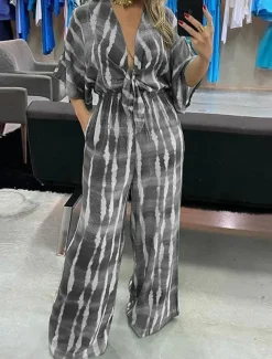 Women's Jumpsuits Casual Summer Lace up Pocket Striped V Neck Streetwear Street Daily Regular Fit 3/4 Length Sleeve Green Gray S M L