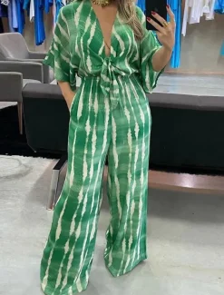 Women's Jumpsuits Casual Summer Lace up Pocket Striped V Neck Streetwear Street Daily Regular Fit 3/4 Length Sleeve Green Gray S M L