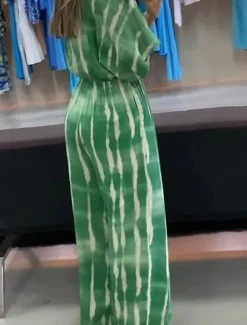 Women's Jumpsuits Casual Summer Lace up Pocket Striped V Neck Streetwear Street Daily Regular Fit 3/4 Length Sleeve Green Gray S M L