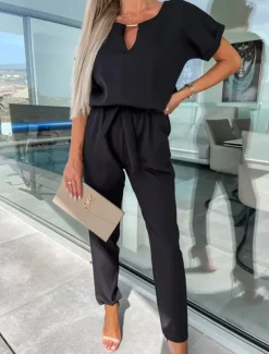 Women's Jumpsuits Casual Summer Lace up High Waist Solid Color Crew Neck Business Office Work Loose Fit Short Sleeve Black Pink Fuchsia S M L