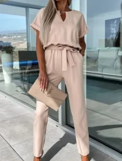 Women's Jumpsuits Casual Summer Lace up High Waist Solid Color Crew Neck Business Office Work Loose Fit Short Sleeve Black Pink Fuchsia S M L