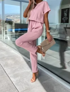 Women's Jumpsuits Casual Summer Lace up High Waist Solid Color Crew Neck Business Office Work Loose Fit Short Sleeve Black Pink Fuchsia S M L