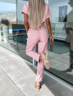 Women's Jumpsuits Casual Summer Lace up High Waist Solid Color Crew Neck Business Office Work Loose Fit Short Sleeve Black Pink Fuchsia S M L